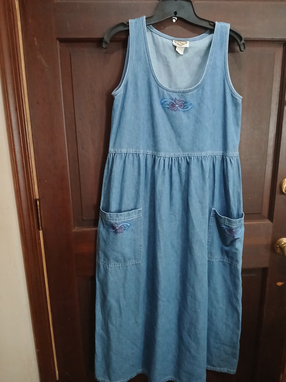 Denim Blue Women's Sleeveless Jumper Dress With Flower Print On Front Pockets S